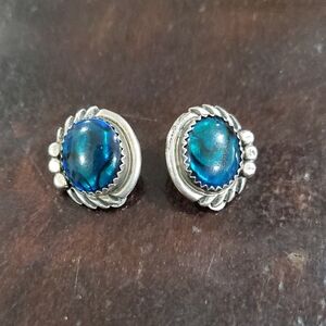 Vintage Blue and Silver Stud Clip On Earrings Cabochon Hematite